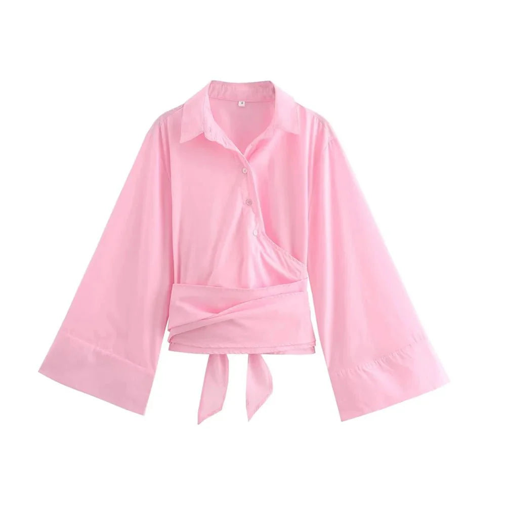 Charissa - Langärmelige Kimono - Bluse - Breiter Fliegengürtel - Bluse - Rosa - Müller Mode