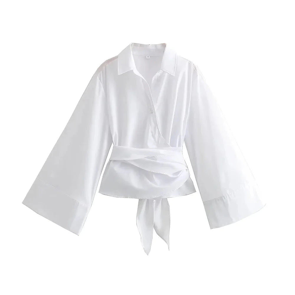 Charissa - Langärmelige Kimono - Bluse - Breiter Fliegengürtel - Bluse - Weiß - Müller Mode