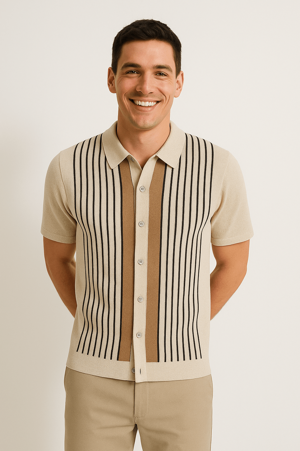 Nathan Strickpoloshirt Kurzarm mit Streifen - Polos - Beige - Müller Mode